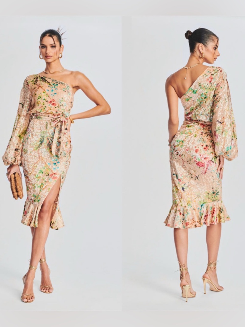 Hemant & Nandita Dress Women’s Veena Nude Long One-Shoulder Velvet Floral XS
